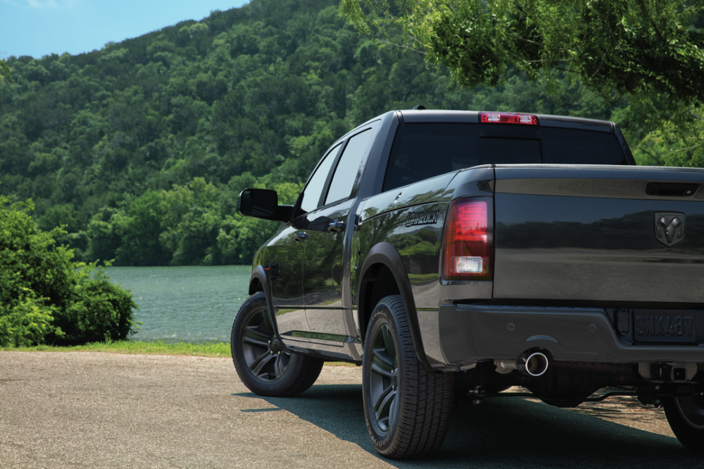 RAM truck on the shore of a lake