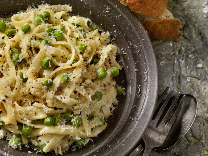 Creamy Fettucini with Peas and Parmesan and crusty Bread -Photographed on Hasselblad H3-22mb Camera